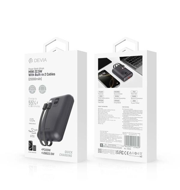 Devia Ultra4 Power Bank MINI 22.5W με 2 καλώδια (20000mAh)